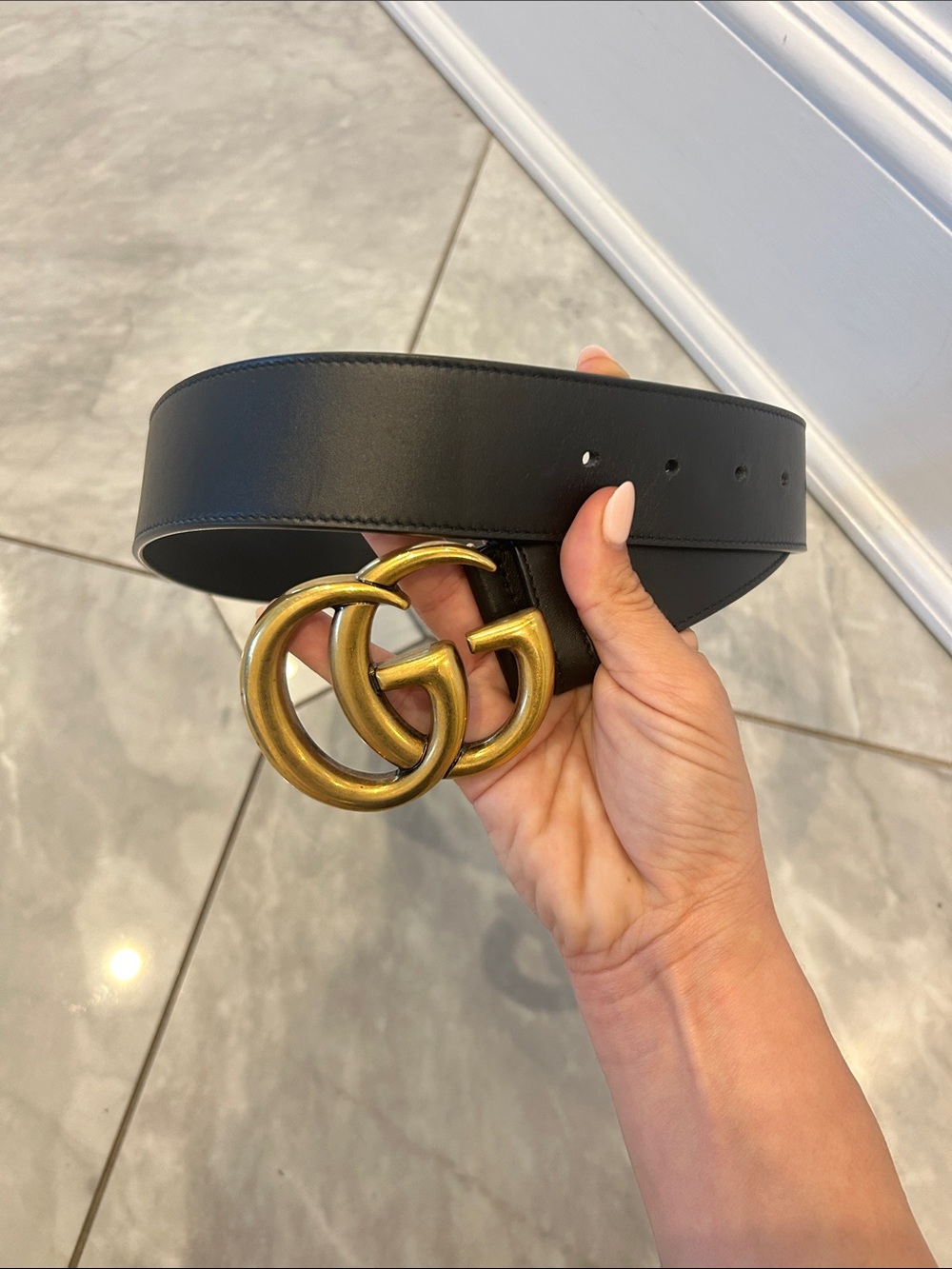 Gucci Black Leather Belt with Gold Double G Buckle